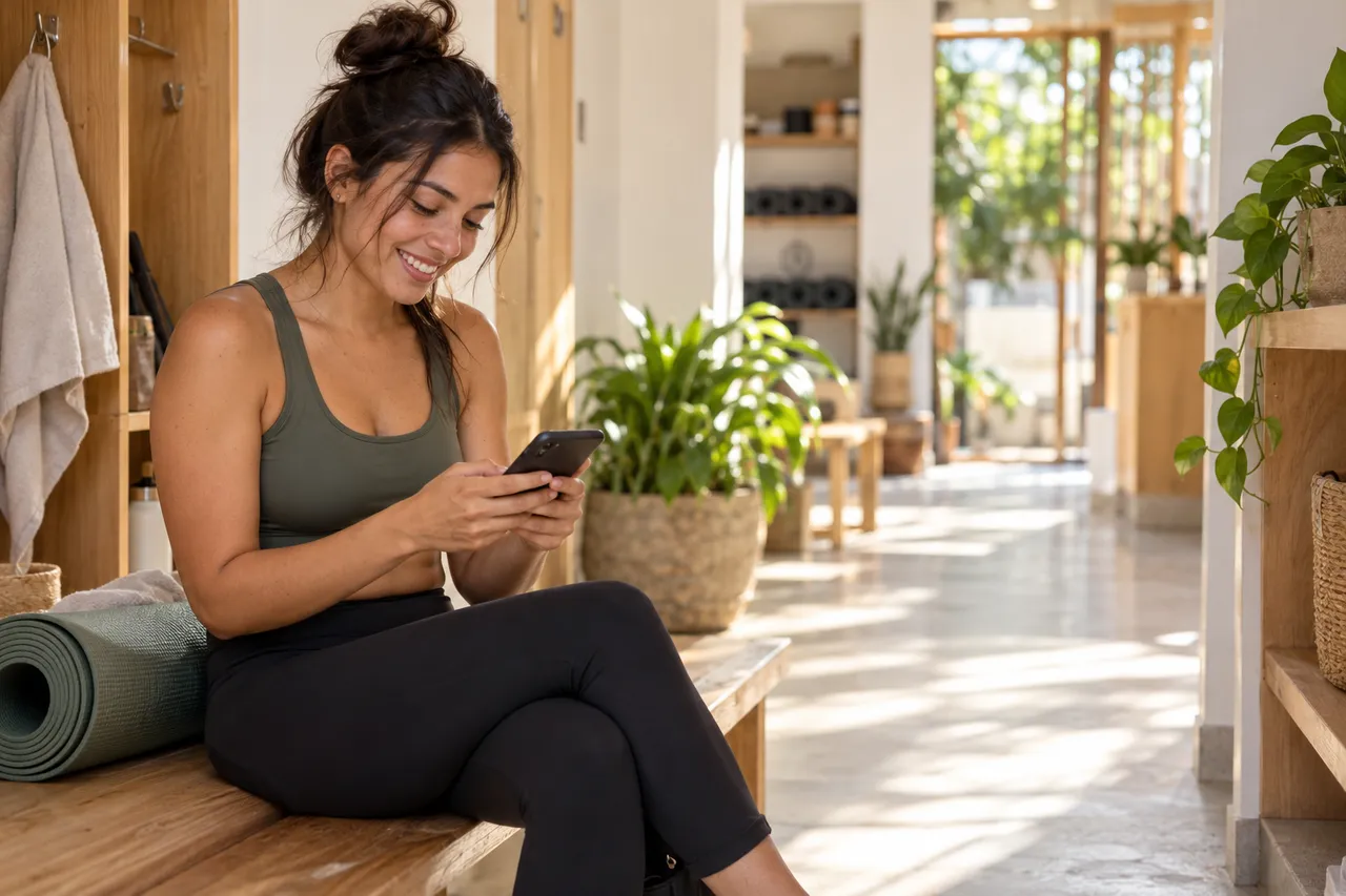 Una alumna sentada en el vestidor del estudio reserva su siguiente clase en el celular