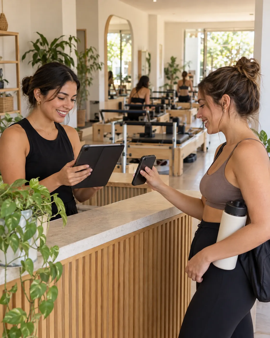 La recepcionista de un estudio de Pilates escanea con una tableta el código QR en el celular de una alumna